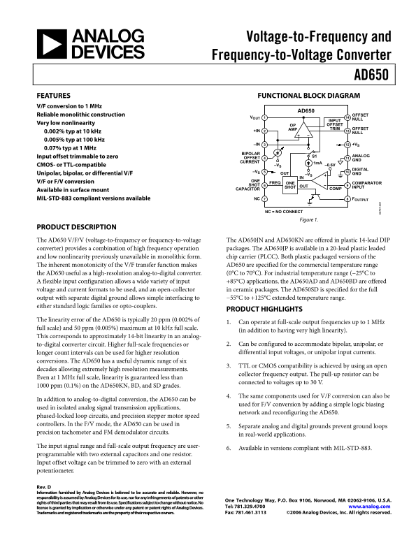 ANALOG DEVICES Voltage-to-Frequency and Frequency-to-Voltage Converter AD650 User Guide - Page 1