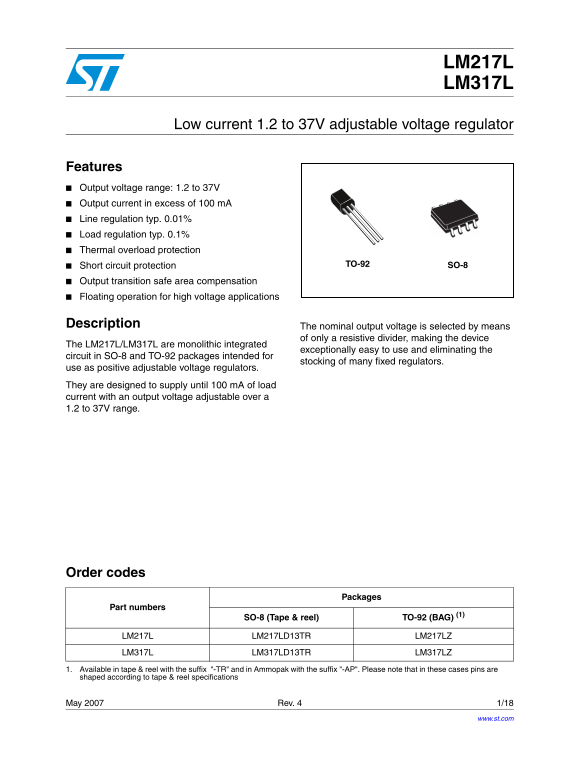 ST LM217L LM317L Low Current 1.2 to 37V Adjustable Voltage Regulator - Page 1