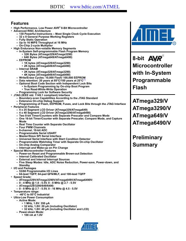 ATMEL ATmega6490 Data Sheet - Page 1