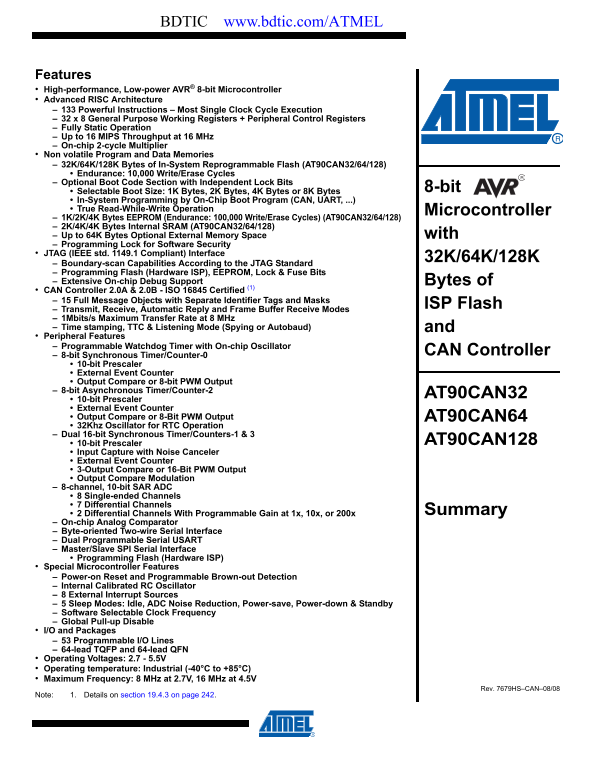 ATMEL AT90CAN64 Technical Data Handbook - Page 1