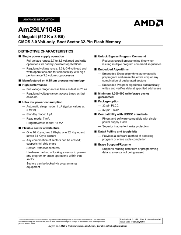 AMD Am29LV104B User's Manual and Specifications - Page 1