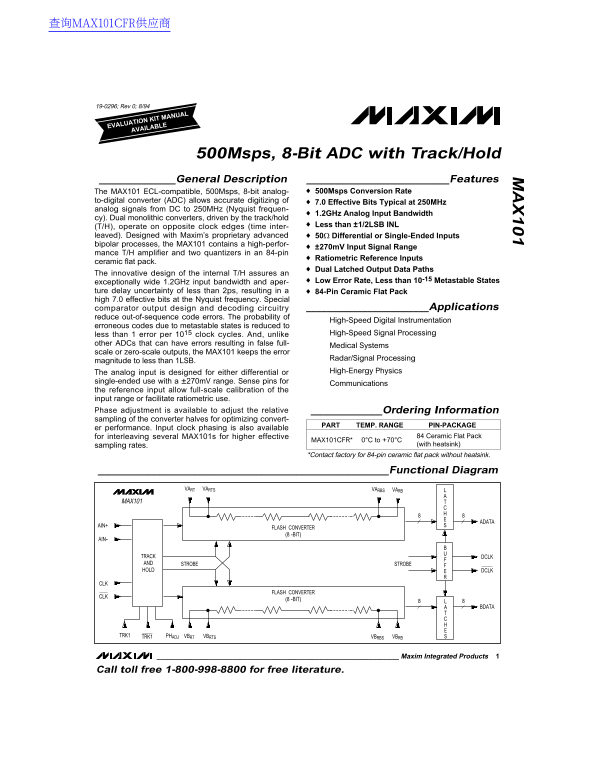 MAXIM MAX101 500Msps, 8-Bit ADC with Track Hold User Manual Data Sheet - Page 1