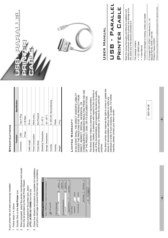 ATEN USB-Parallel Printer Cable User's Manual and Technical Specifications - Page 1