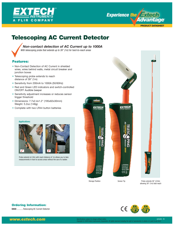 EXTECH DA50 Telescoping AC Current Detector Data Handbook & Manual - Page 1