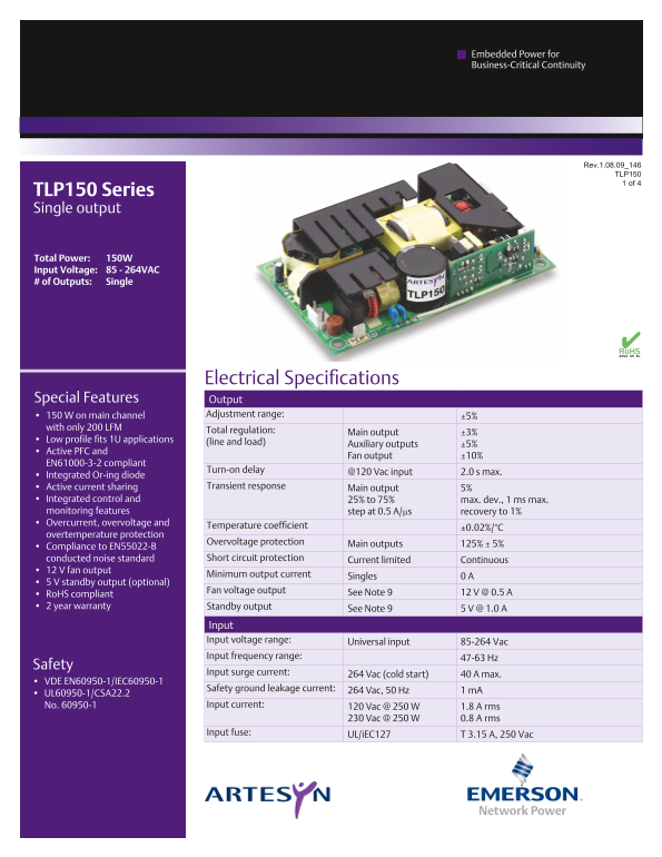 ARTESYN TLP150 Series Single Output User Guide and Installation Manual - Page 1