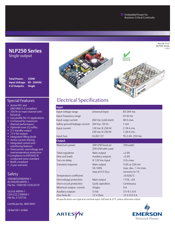 ARTESYN Emerson NLP250 Series Single Output Technical Specifications  - User Guide - Page 1