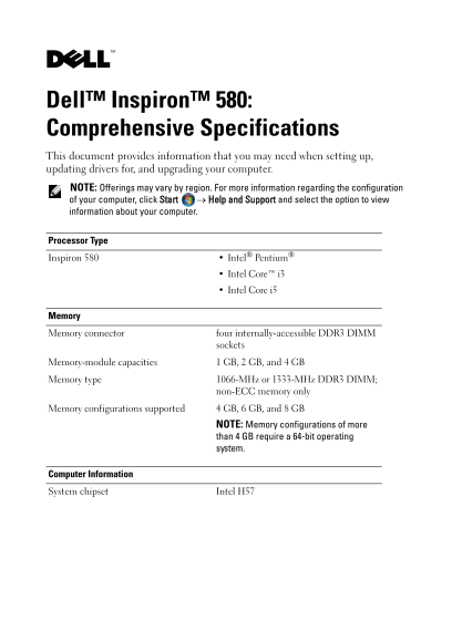 Dell Inspiron 580 Comprehensive Specifications - Page 1