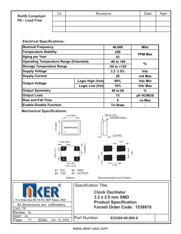 Aker -Clock Oscillator 3.2x2.5mm SMD Product Specification TR Farnell Order Code 1538919 Owner's Manual - Page 1