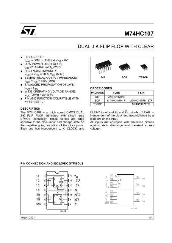 ST M74HC107 Dual J-K Flip-Flop with Clear User Guide - Page 1