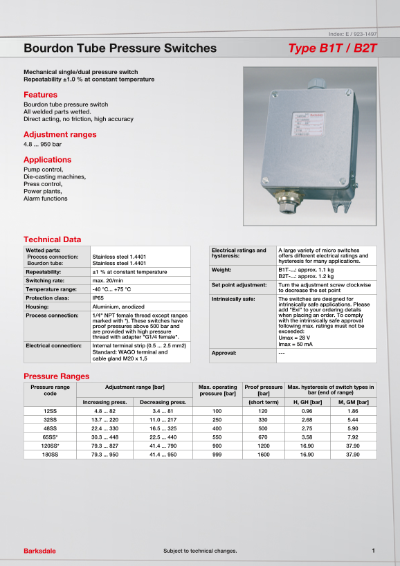 Barksdale Technology Data - B1T B2T User Manual - Specifications and Instructions - Page 1