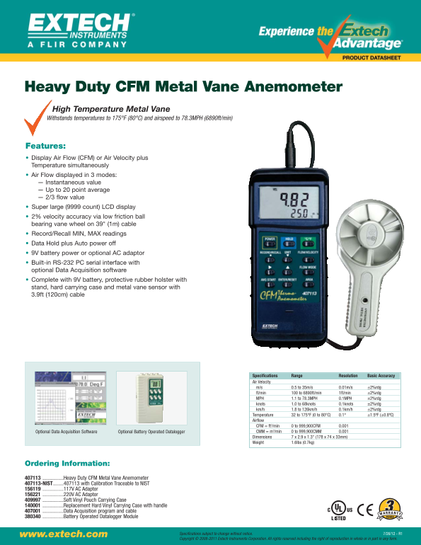 EXTECH Heavy Duty CFM Metal Vane Anemometer 407113 Data Sheet - Page 1