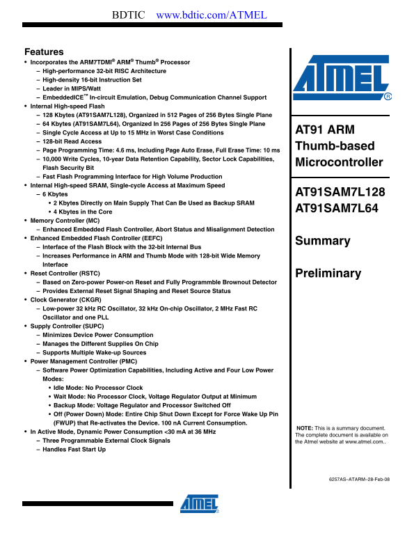 ATMEL AT91SAM7L64 Data Handbook (1)(1) - Page 1