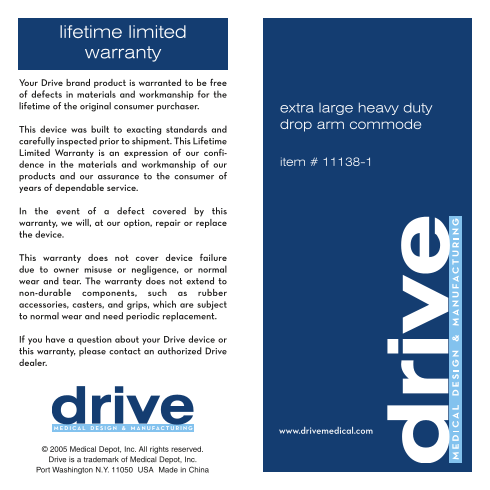 Drive 11138-1 Extra Large Heavy Duty Drop Arm Commode User Guide and Manual - Page 1