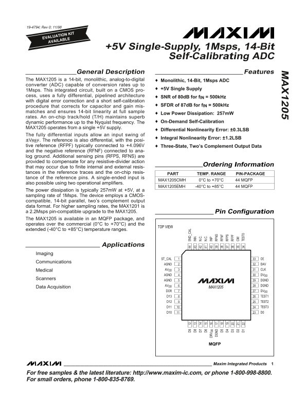 MAXIM MAX1205 +5V Single-Supply, 1Msps, 14-Bit Self-Calibrating ADC User Manual Specification - Page 1