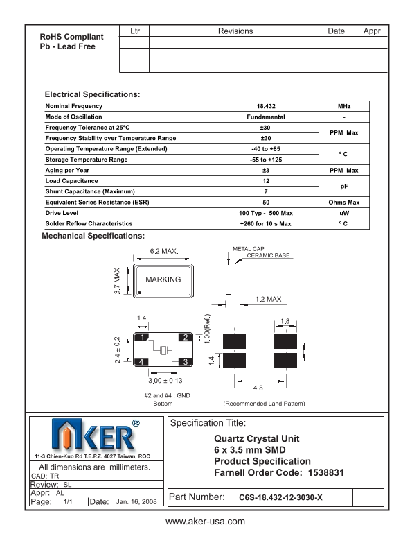 AKER 6 x 3.5 mm SMD Quartz Crystal Unit handbook(2) - Page 1