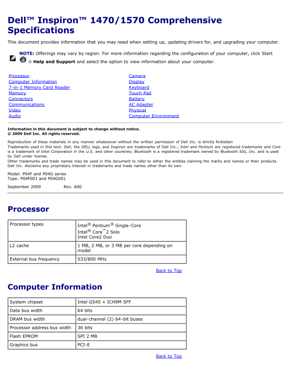 Dell Comprehensive Specifications - Page 1