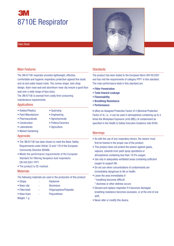3M 8710E Respirator User Manual and Data Sheet - Page 1