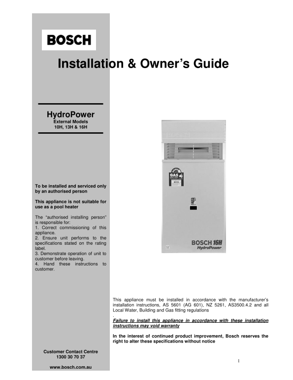 BOSCH HydroPower 10H, 13H & 16H Installation Guide & Owner's Manual - Page 1