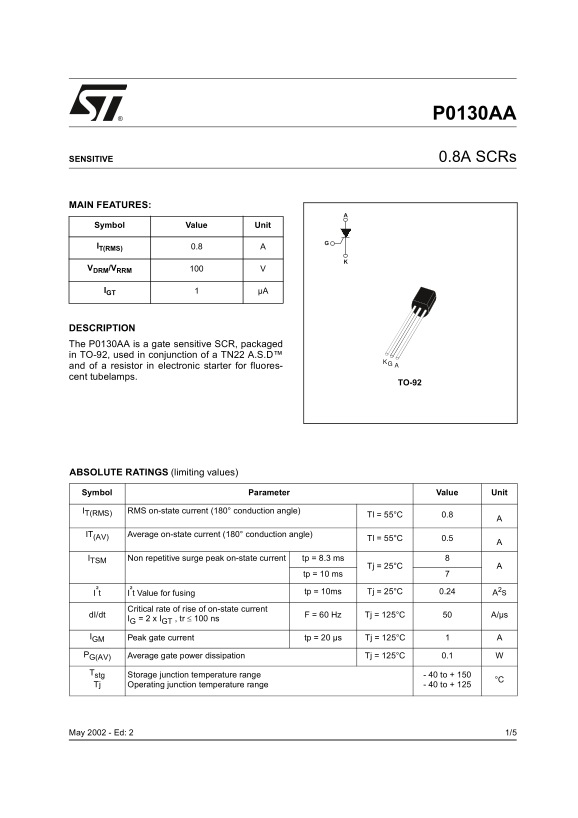 ST P0130AA Data Sheet - Sensitive SCR, 0.8A Current Limitation - Page 1