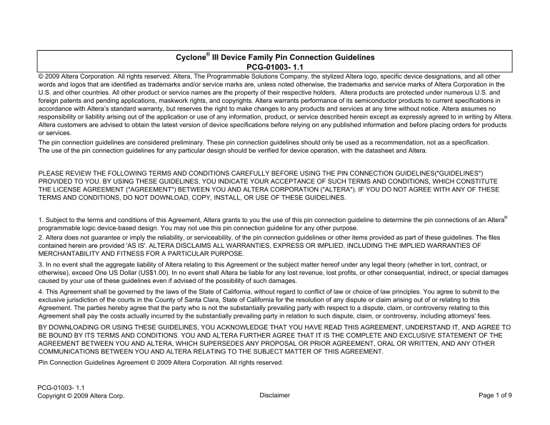ALTERA Cyclone III Device Family Pin Connection Guidelines Manual - Page 1