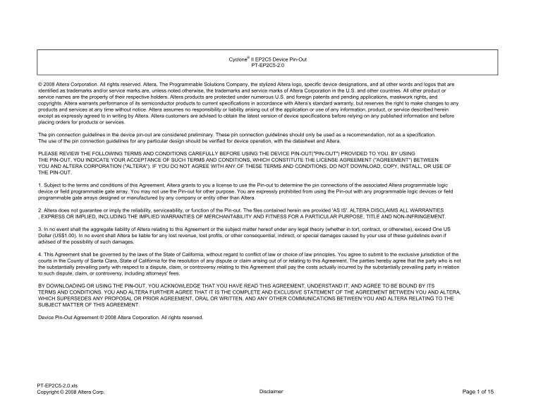 Altera Corporation Pin Information for Cyclone II EP2C5 Device Manual, User Guide - Page 1