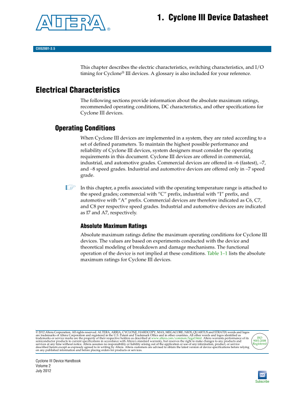 ALTERA Cyclone III Device Handbook Volume 2. Chapter 1. Cyclone III Manual - Page 1