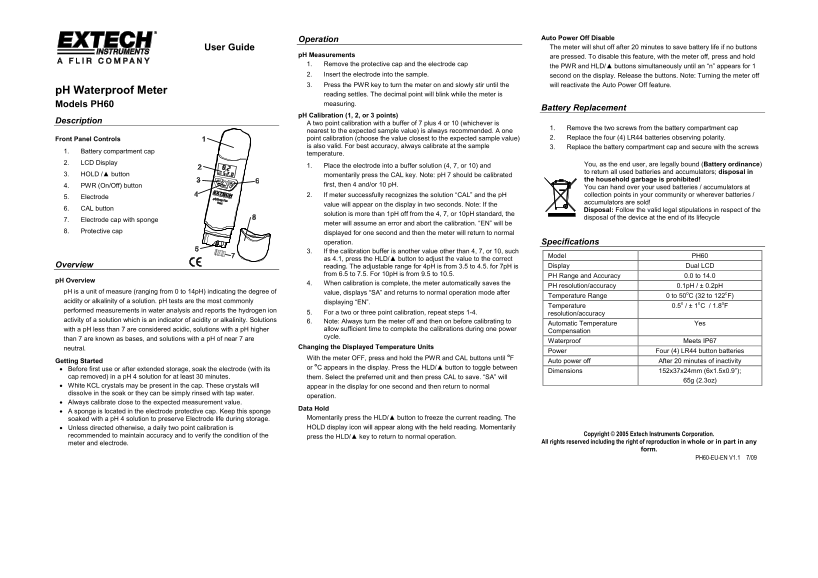 EXTECH INSTRUMENTS PH60 Waterproof pH Meter User Guide - Page 1