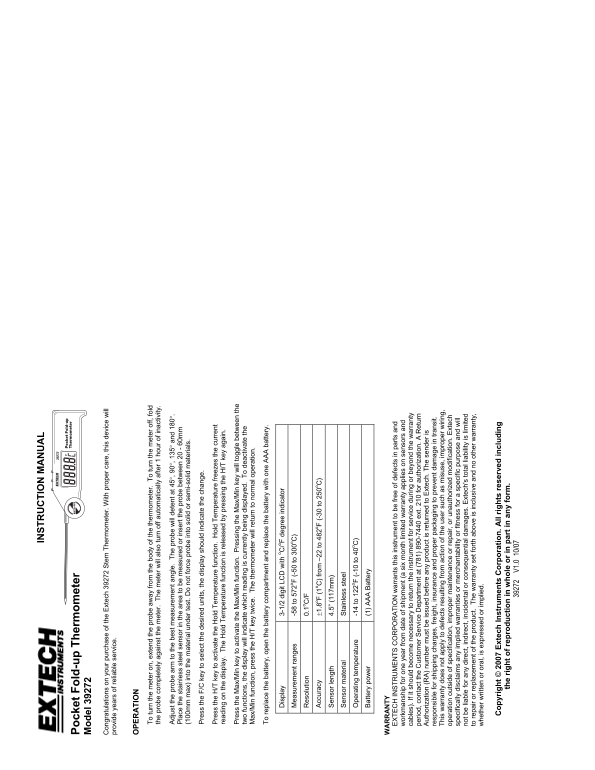 EXTECH INSTRUMENTS 39272 Pocket Fold-up Thermometer USER MANUAL - Page 1