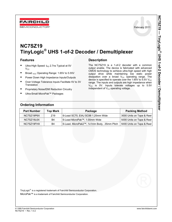 FAIRCHILD NC7SZ19 TinyLogic UHS 1-of-2 Decoder Demultiplexer User Guide Manual - Page 1