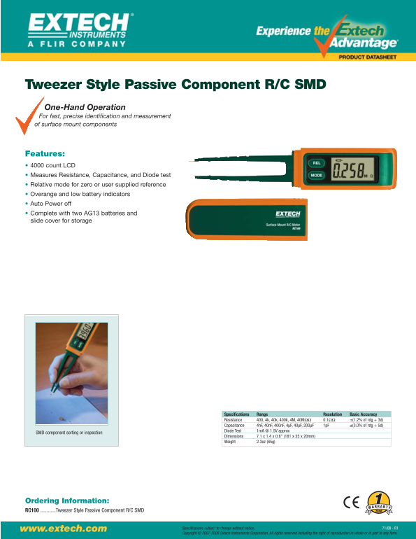 EXTECH INSTRUMENTS Tweezer Style Passive Component R/C/SMD Product Data Sheet - Page 1