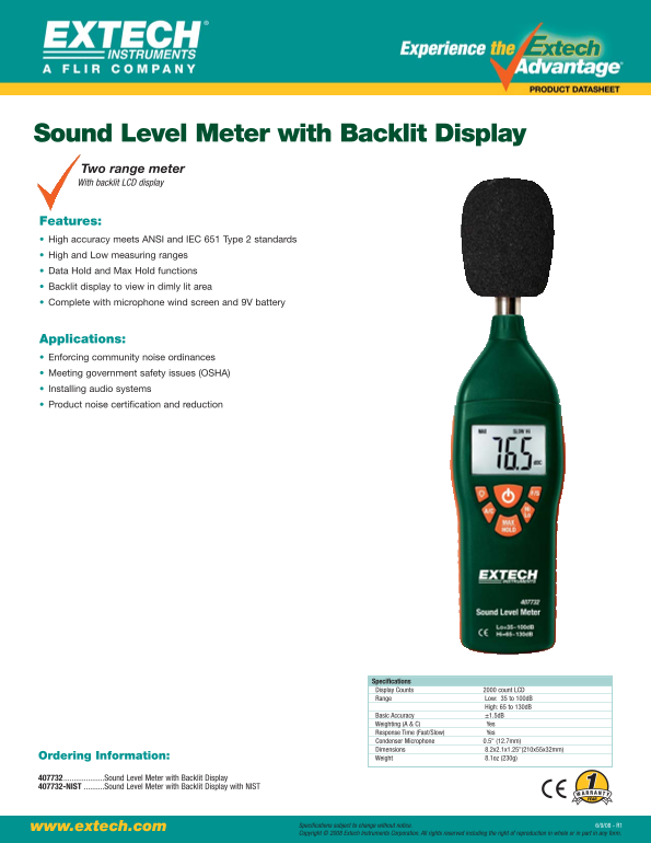EXTECH INSTRUMENTS Sound Level Meter with Backlit Display PRODUCT DATASHEET - Page 1