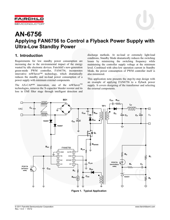 FAIRCHILD AN-6756 Application Guide for FAN6756 Controlling a Flyback Power Supply with Ultra-Low Standby Power - Page 1