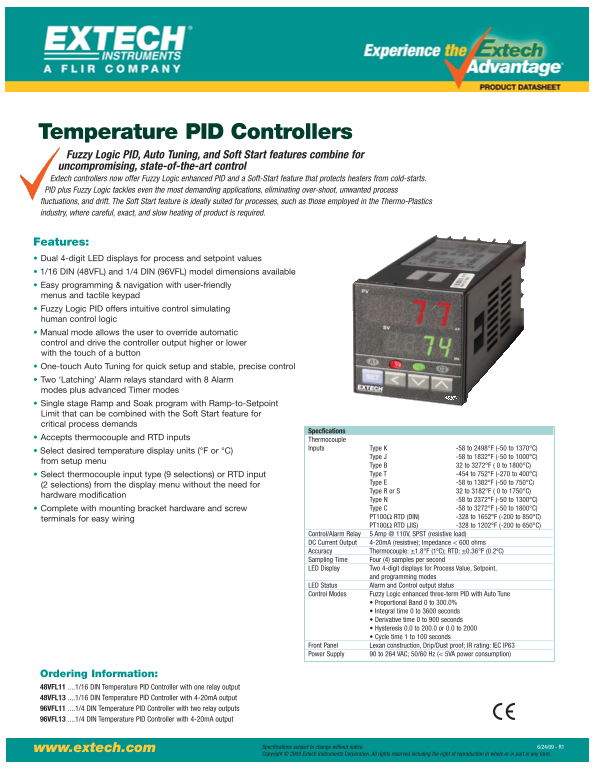 EXTECH INSTRUMENTS Temperature PID Controllers PRODUCT DATASHEET - Page 1
