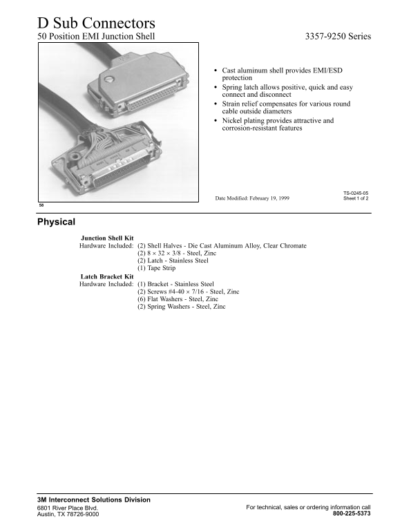 3M D-Sub Connectors 50 Position EMI Junction Shell 3357-9250 Series User Manual Data Sheet - Page 1