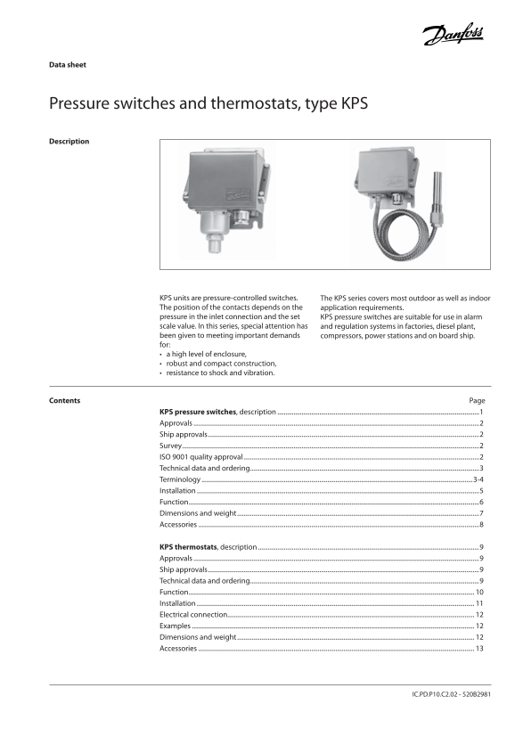 Danfoss Pressure Switches & Thermostats Type KPS Data Sheet & User Manual - Page 1