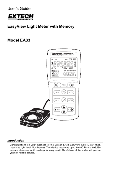 EXTECH INSTRUMENTS EA33 EasyView Light Meter with Memory User Guide - Page 1