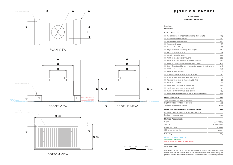 Fisher & Paykel Integrated Cooktop Hood, 90cm (Model HPB9048-2) Data Sheet, Insert Rangehood - Page 1