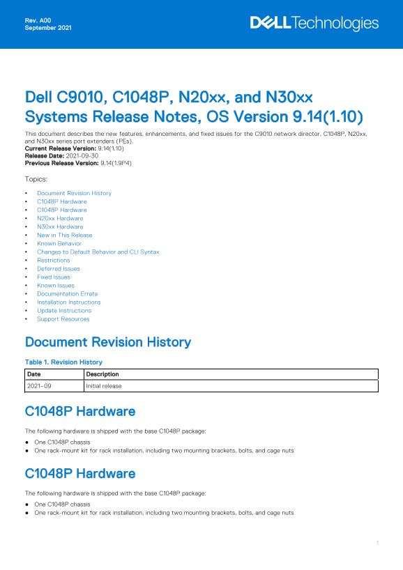 Dell C9010, C1048P, N20xx, and N30xx Systems Release Notes, OS Version 9.14.1.10 Owner's Manual - Page 1