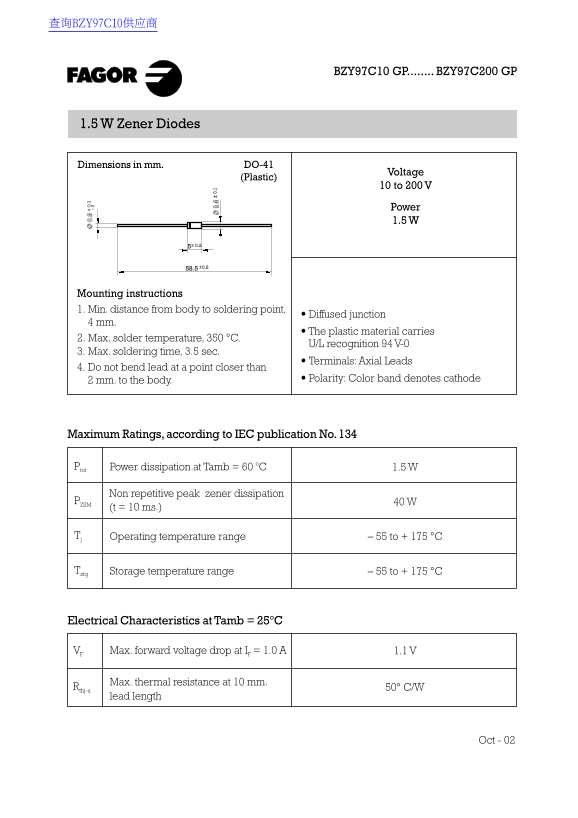 FAGOR BZY97C10 GP Data Sheet - FAGOR BZY97C200 GP - Page 1