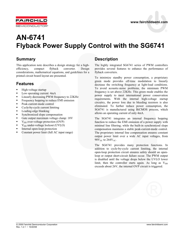 FAIRCHILD AN-6741 Flyback Power Supply Controller using SG6741 - Page 1