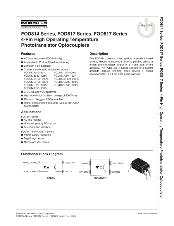 FAIRCHILD FOD814 Series, FOD617 Series, FOD817 Series Data Sheet - Page 1