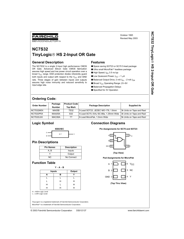 Fairchild NC7S32 TinyLogic HS 2-Input OR Gate User Manual - Page 1