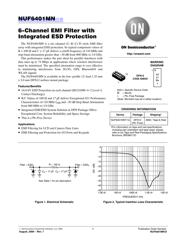ON NUF6401MN 6-Channel EMI Filter with Integrated ESD Protection - Data Sheet / Manual - Page 1