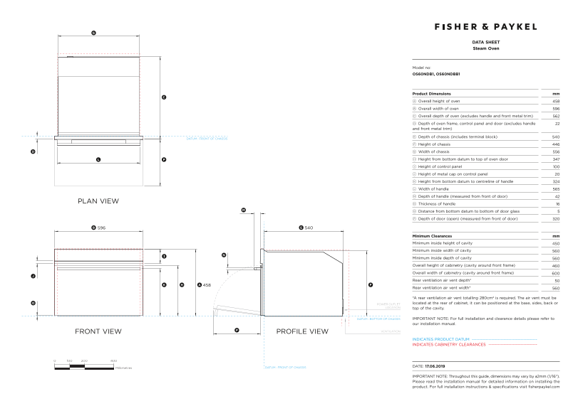 Fisher & Paykel Combination Steam Oven, 60cm, 9 Functions (Model OS60NDBB1) - Data Sheet - Page 1