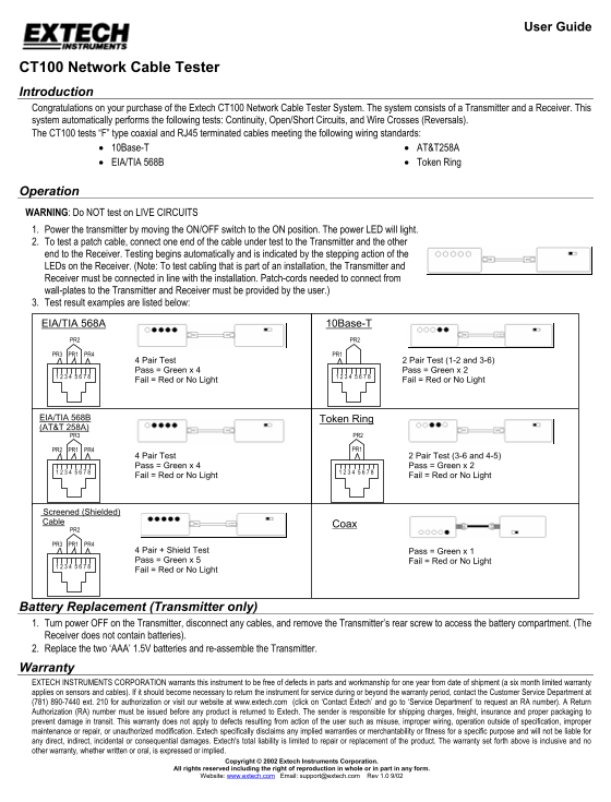EXTECH INSTRUMENTS CT100 Network Cable Tester User Guide - Page 1