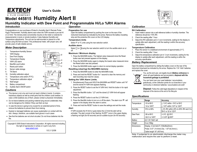 EXTECH INSTRUMENTS 445815 Humidity Alert II User's Guide - Page 1