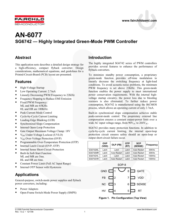 FAIRCHILD SG6742 - High-Performance Integrated Green-Mode PWM Controller Data Sheet User Manual - Page 1