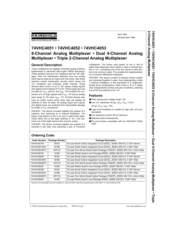 FAIRCHILD 74VHC4051, 74VHC4052, 74VHC4053 8-Channel Analog Multiplexer, Dual 4-Channel Analog Multiplexer, Triple 2-Channel Analog Multiplexer Owner's Manual and User Guide - Page 1