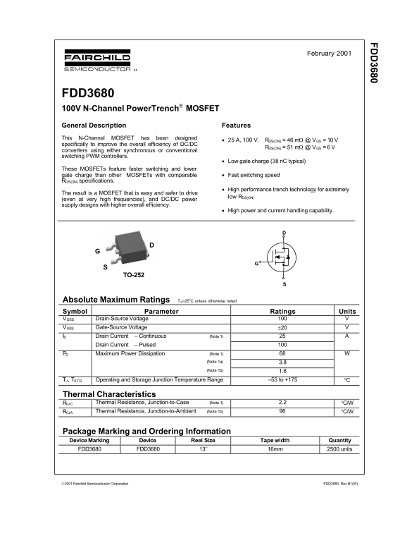 Fairchild FDD3680 Product Specifications Sheet - Page 1