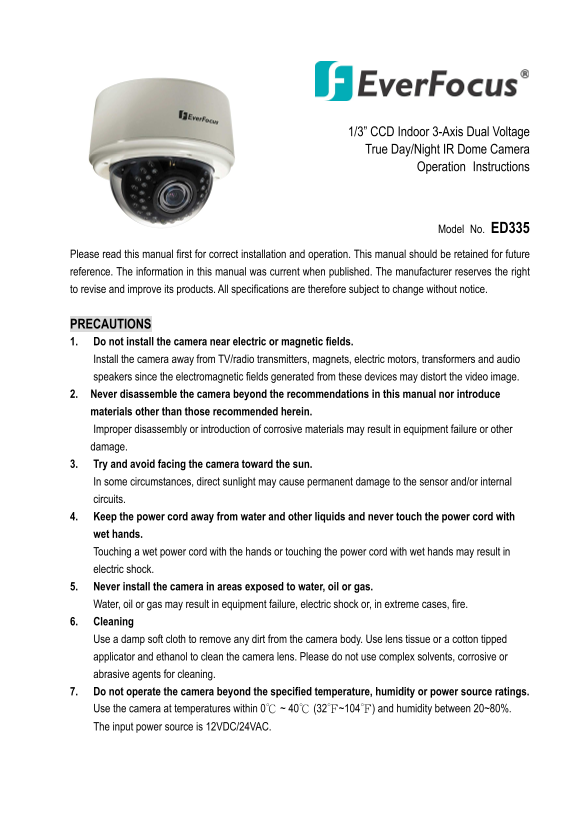 EverFocus ED335 Operation Instructions - Page 1